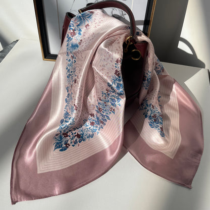 100% Pure Silk Multicolour Large Silk Scarf / Headscarf-The Pink Flowers - 26”Silk Scarf / Headscarf