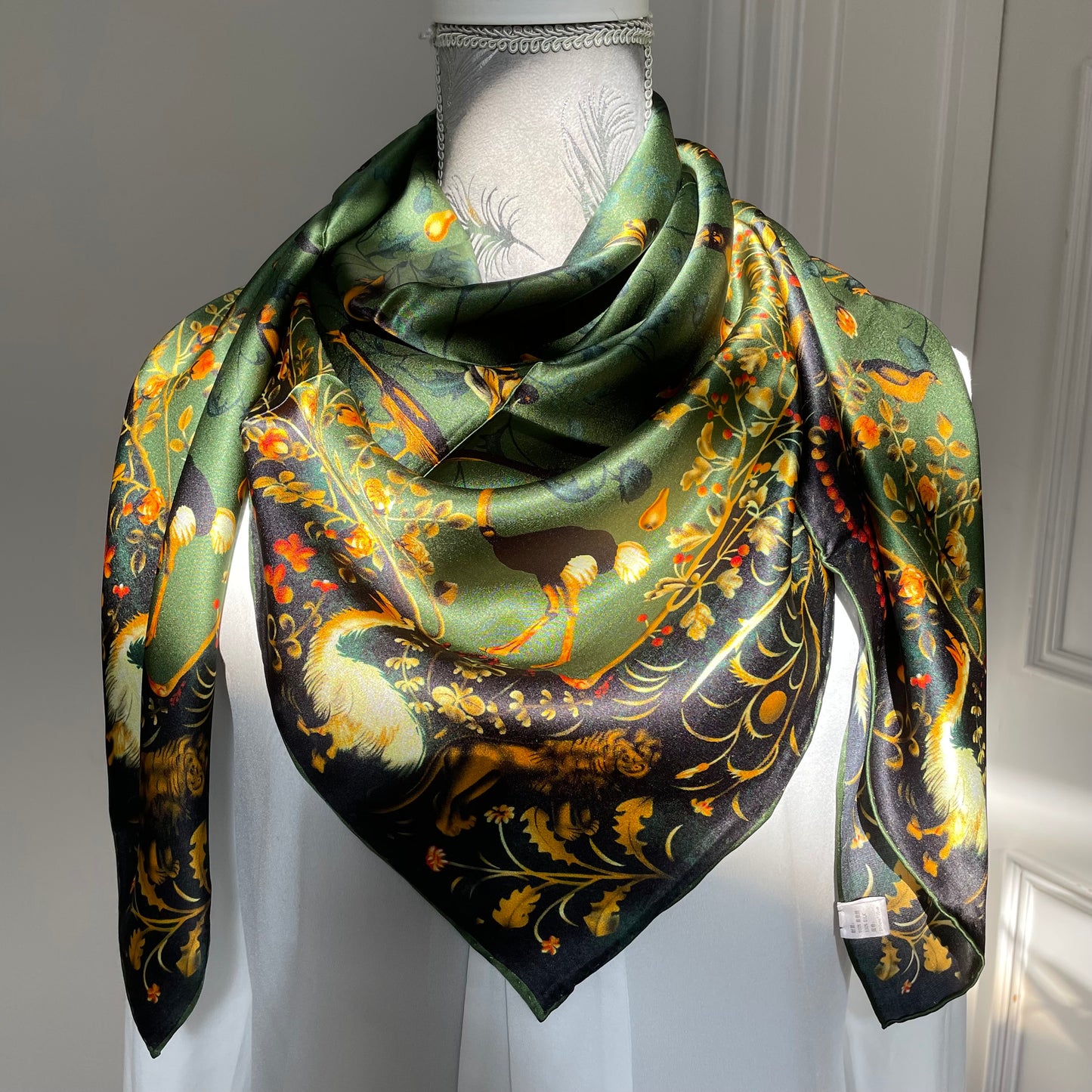 100% Pure Mulberry Silk Multicolour Handmade Large 43"Silk Scarf - The Green & Birds