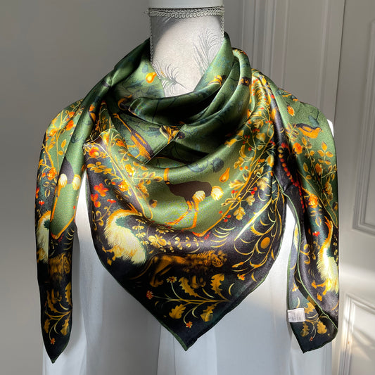 100% Pure Mulberry Silk Multicolour Handmade Large 43"Silk Scarf - The Green & Birds