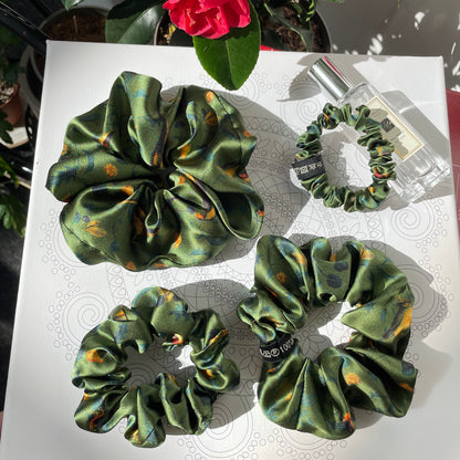 Luxury Handmade Pure Silk Scrunchie - Luxury 7cm wide Silk Hair tie - Artistic Silk Scrunchie-The Green & Birds