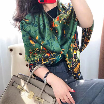 100% Pure Mulberry Silk Multicolour Handmade Large 43"Silk Scarf - The Green & Birds