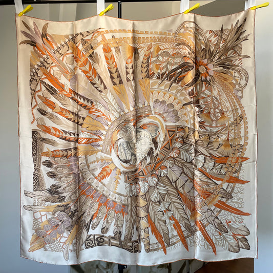 100% Pure Mulberry Silk Multicolour Handmade Large Silk Scarf 43"- The White Round Feathers