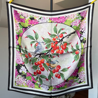 100% Pure Silk Multicolour Large Silk Scarf / Headscarf-The Pipits & Cherry- 26”Silk Scarf / Headscarf