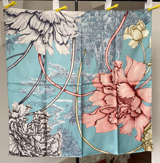 100% Pure Mulberry Silk Extra Large HandRolled Silk Scarf 35"- The Peony Flowers