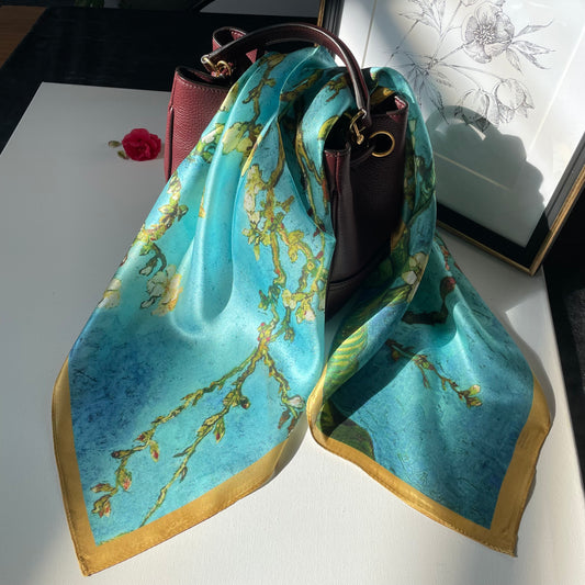 100% Pure Mulberry Silk 26” Scarf - Large Multicolour Headscarf/ Bandana/Hair Scarf - Elegant Square Silk Scarf Gift for Her/Mom -The Blue Flowers