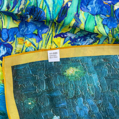 100% Pure Silk Multicolour Large Silk Scarf / Headscarf-The Irises - 26”Silk Scarf / Headscarf