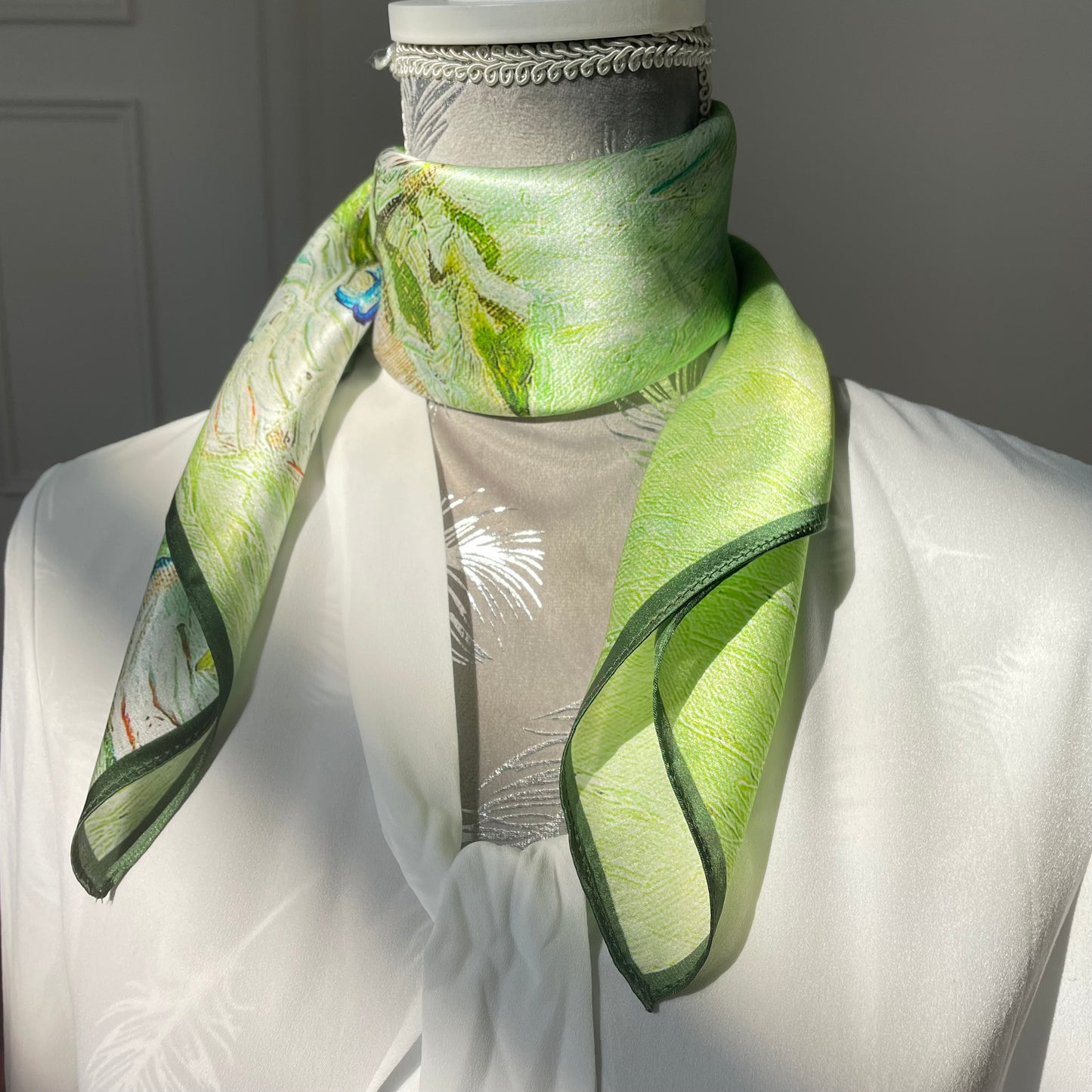 100% Pure Silk Multicolour Large Silk Scarf / Headscarf-The White Rose - 26”Silk Scarf / Headscarf