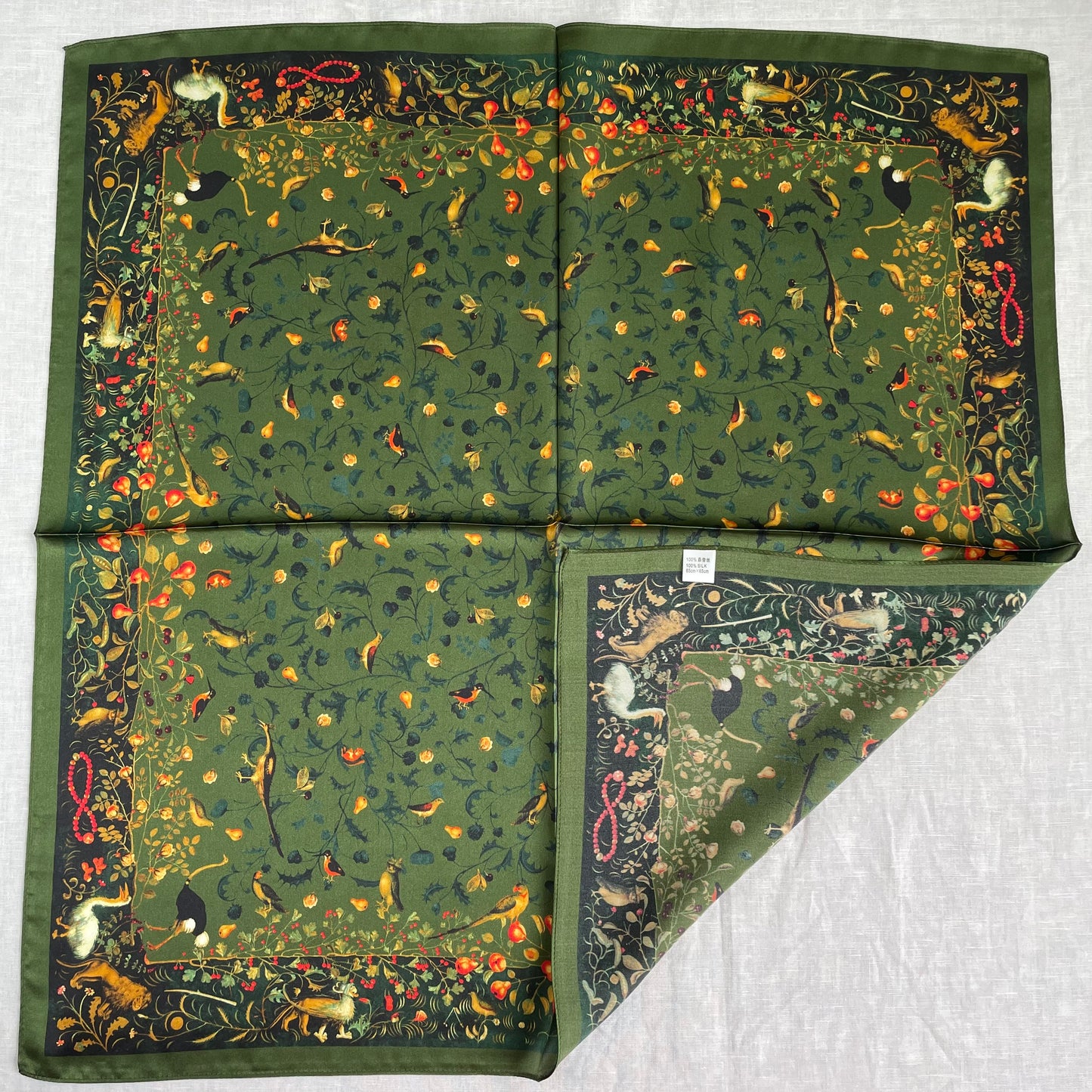 100% Pure Silk Multicolour Large 26” Silk Scarf / Headscarf-The Green & Birds