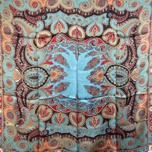 100% Pure Mulberry Silk Multicolour Handmade Large Silk Scarf 43"- The Blue Paisleys