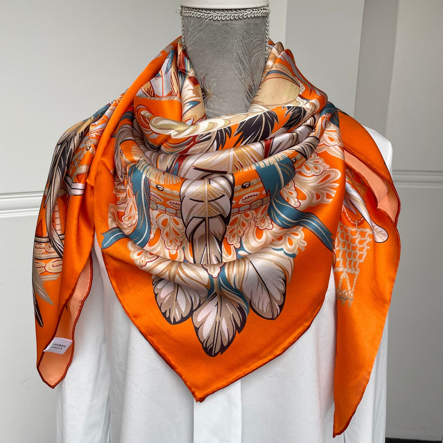 100% Pure Mulberry Silk Multicolour Handmade Large Silk Scarf 43"- The Orange Feathers