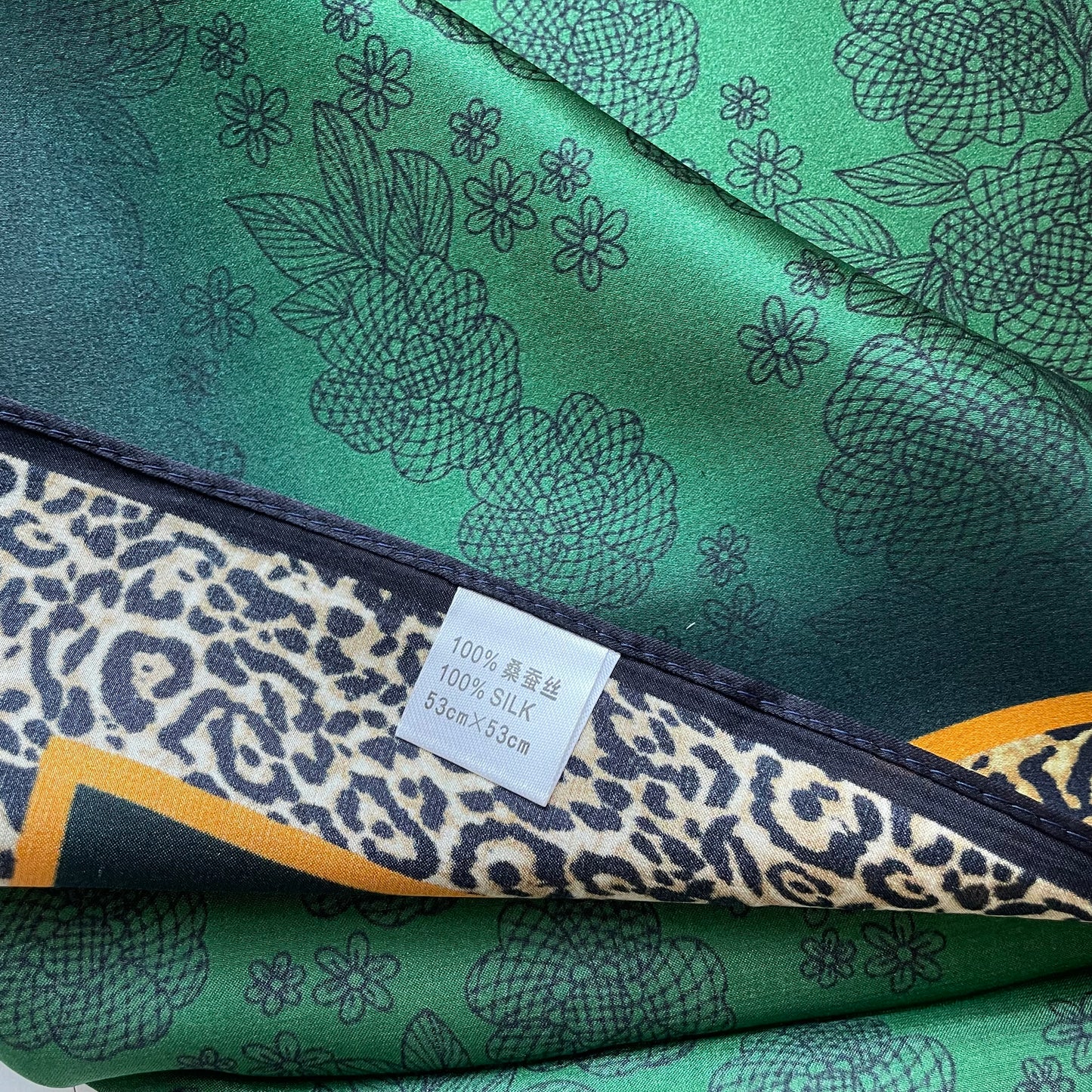 100% Pure Silk Multicolour Small Silk Scarf -The Green & Leopard