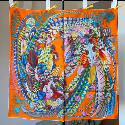 Exquisite! 100% Pure Mulberry Silk Multicolour Pure Handmade 35” Large Silk Scarf - The Feathers