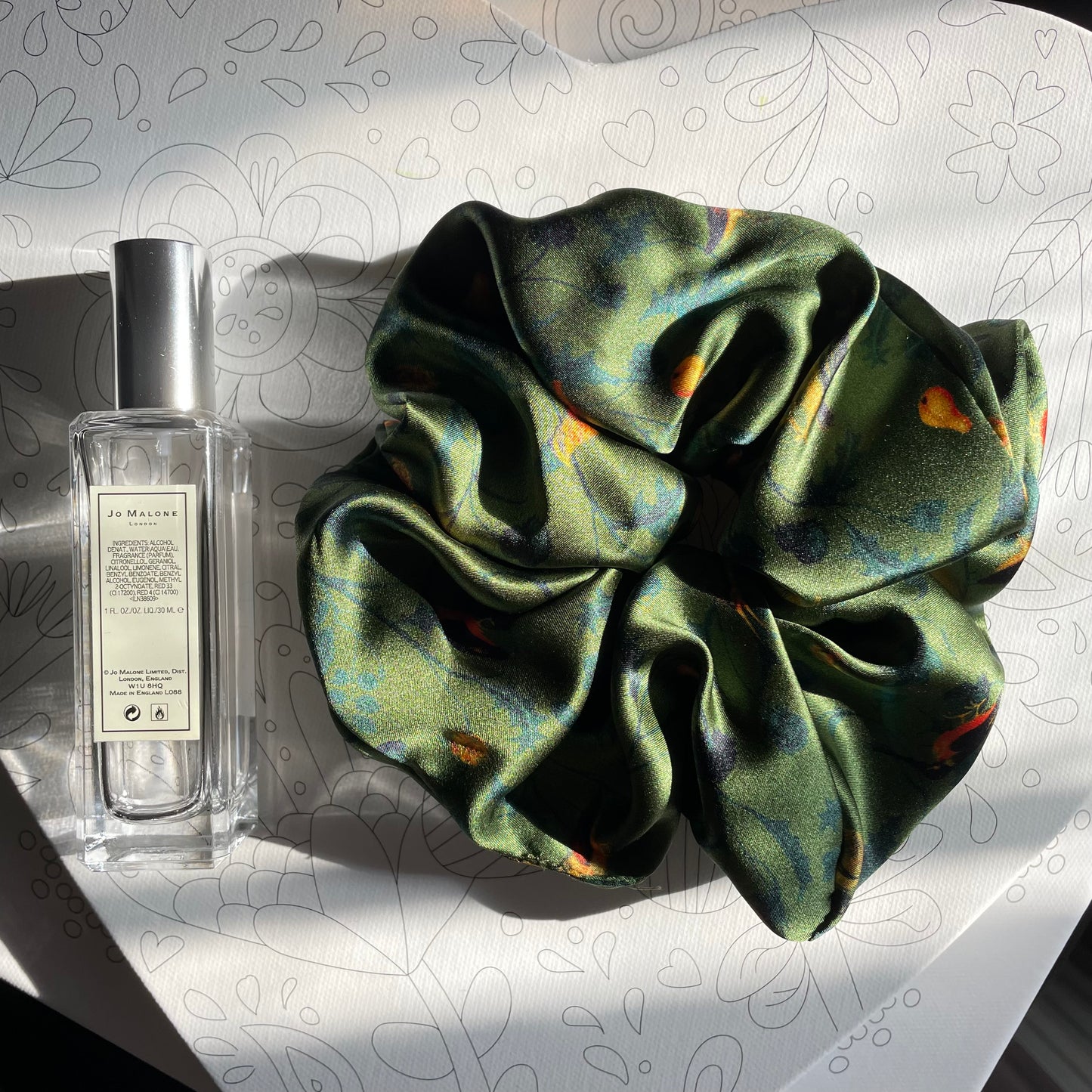 Luxury Handmade Pure Silk Scrunchie - Luxury 7cm wide Silk Hair tie - Artistic Silk Scrunchie-The Green & Birds
