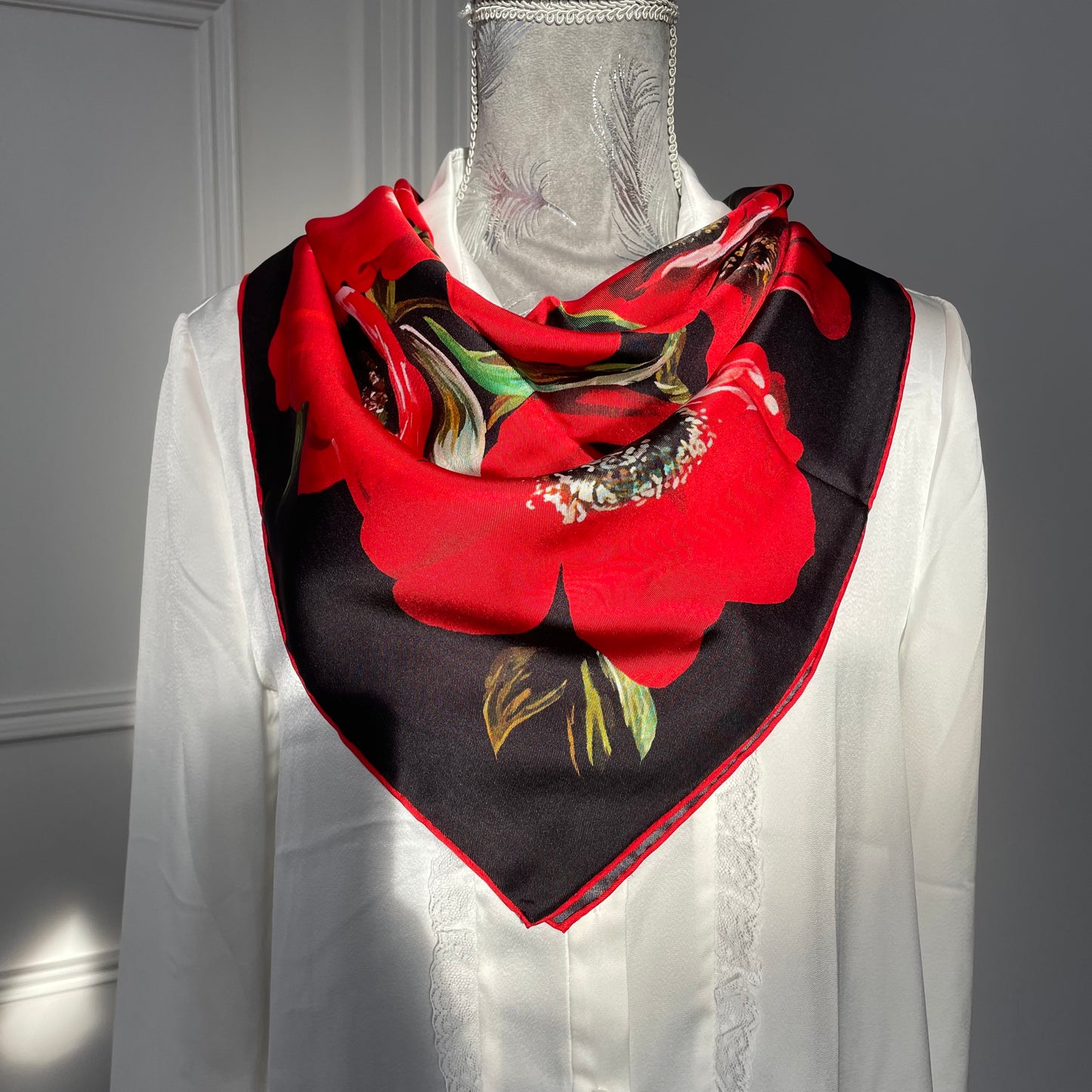 100% Pure Mulberry Silk Extra Large Hand Rolled Silk Scarf 35"- The Peony