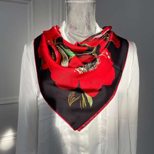 100% Pure Mulberry Silk Extra Large Hand Rolled Silk Scarf 35"- The Peony