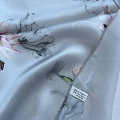 100% Pure Silk Multicolour Small Silk Scarf -The Pink & Grey Flowers
