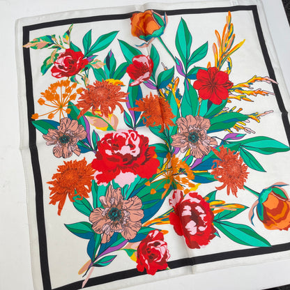 100% Pure Silk Multicolor 20" Silk Square Scarf -The Red Flowers
