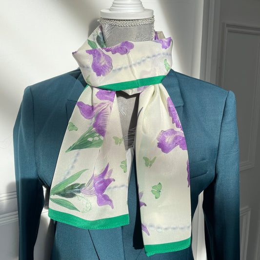 100% Pure Silk Multicolour long Silk Scarf / Headscarf-The Irises