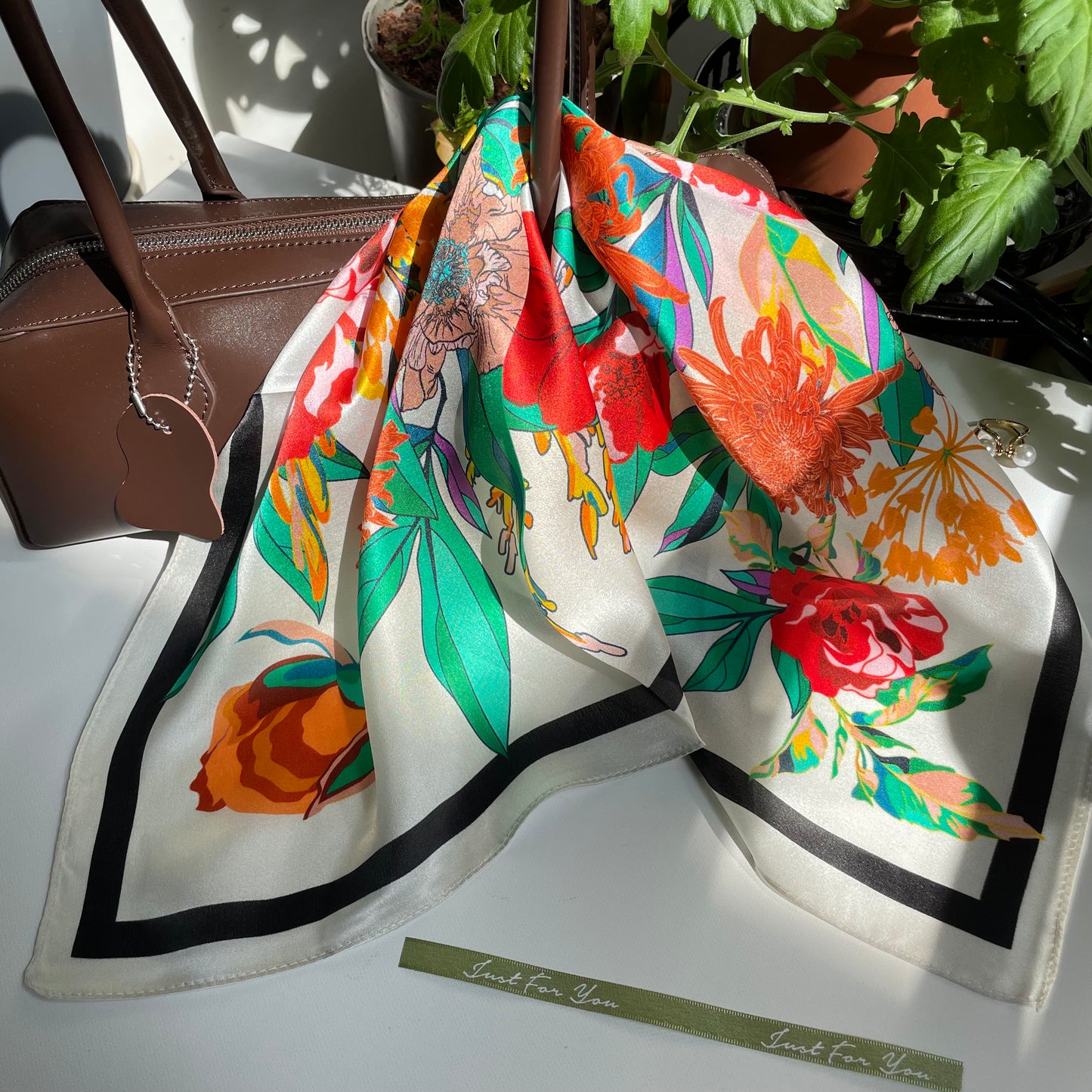 100% Pure Silk Multicolor 20" Silk Square Scarf -The Red Flowers