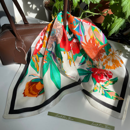 100% Pure Silk Multicolor 20" Silk Square Scarf -The Red Flowers