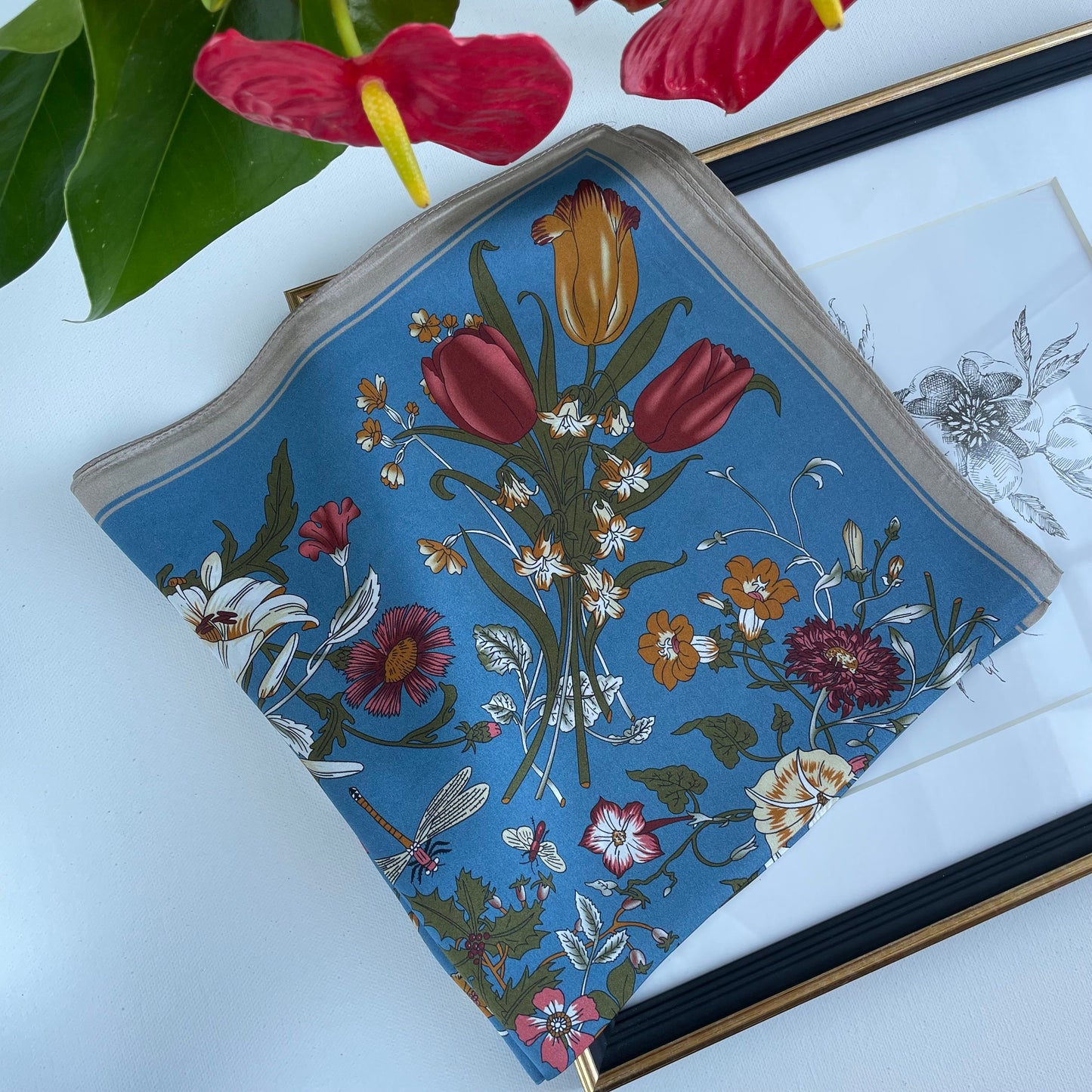 100% Pure Silk Multicolour Small Silk Scarf -The Flowers