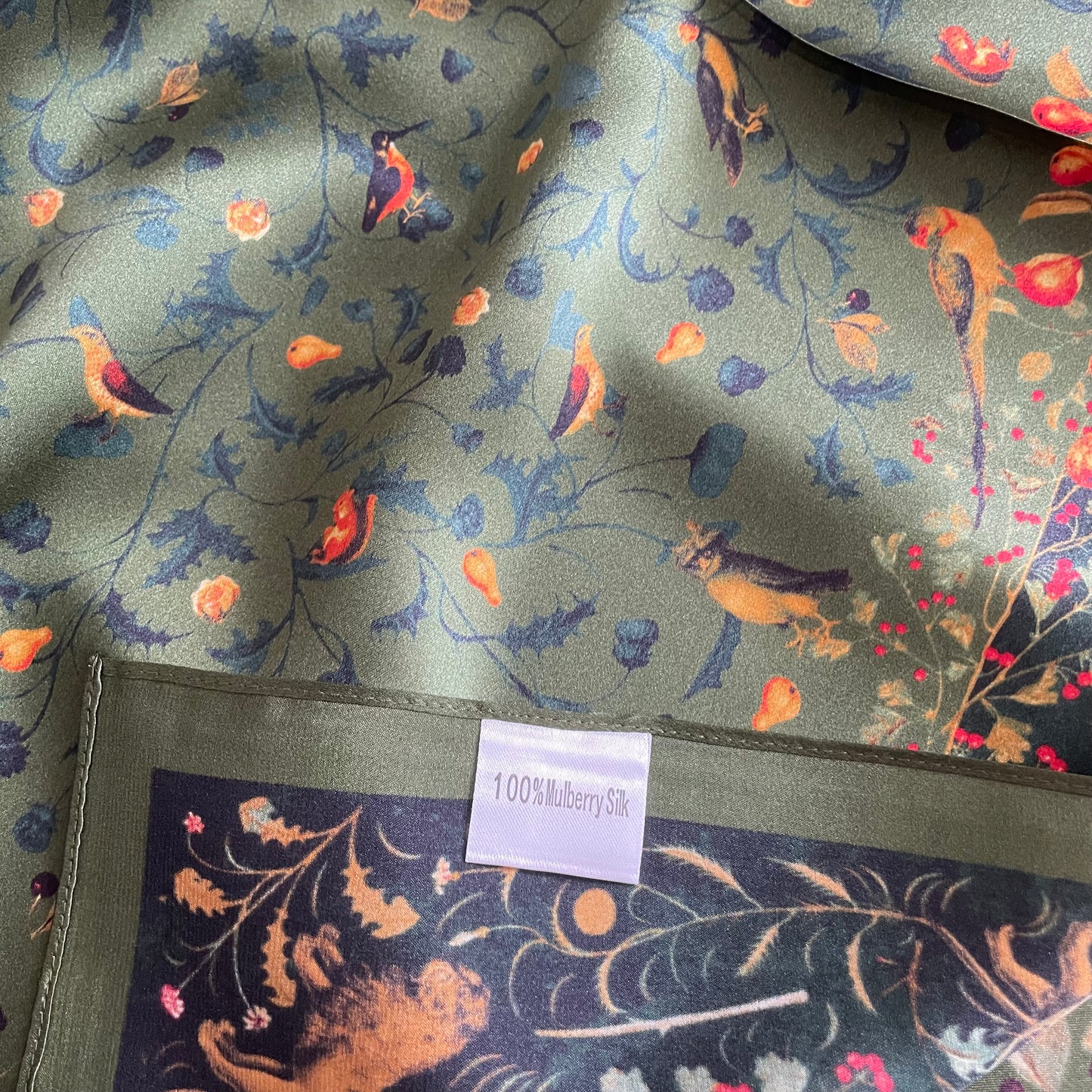 100% Pure Silk Multicolour Large 26” Silk Scarf / Headscarf-The Green & Birds