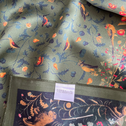 100% Pure Silk Multicolour Large 26” Silk Scarf / Headscarf-The Green & Birds