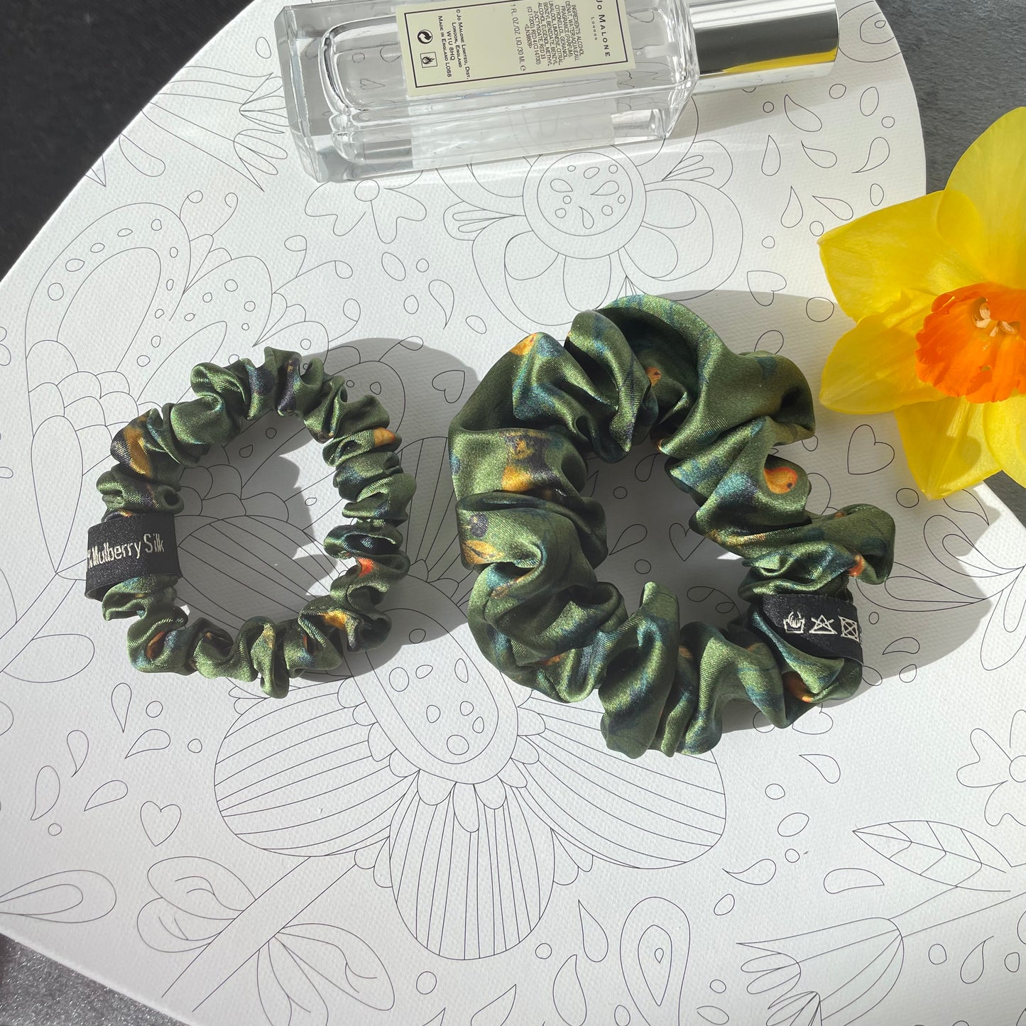 100% Pure Mulberry Silk Small Elastic Hair Scrunchie - Pure Silk Hair Scrunchie/hair Accessory-The Green & Birds