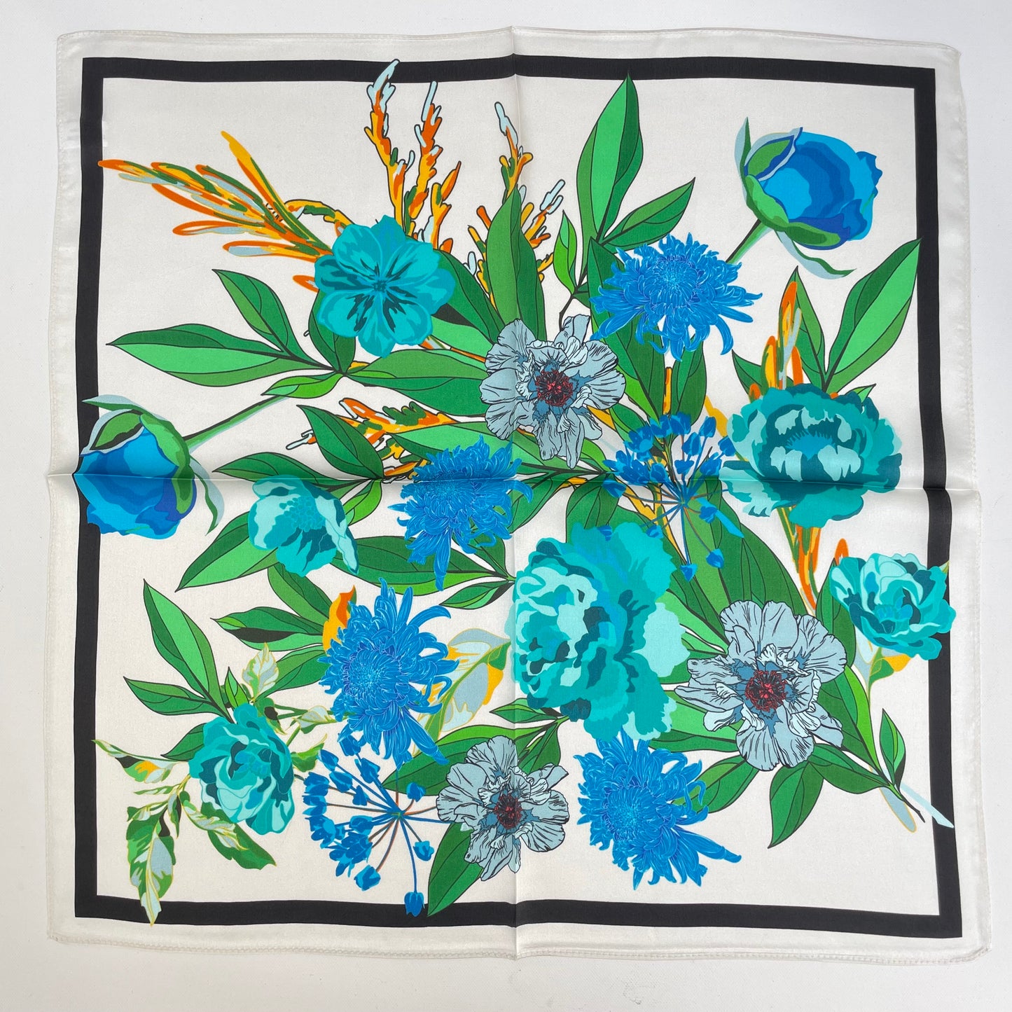 100% Pure Silk Multicolor 20" Silk Square Scarf -The Blue Flowers