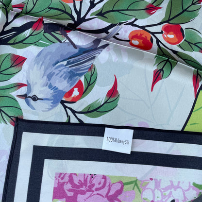 100% Pure Silk Multicolour Large Silk Scarf / Headscarf-The Pipits & Cherry- 26”Silk Scarf / Headscarf