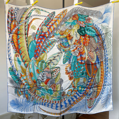100% Pure Mulberry Silk Multicolour Handmade Large Silk Scarf 43"- The White Feathers