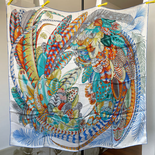 100% Pure Mulberry Silk Multicolour Handmade Large Silk Scarf 43"- The White Feathers