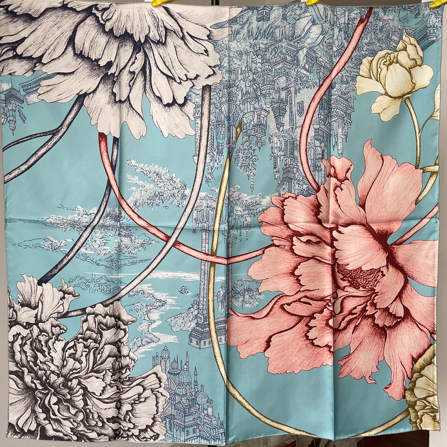 100% Pure Mulberry Silk Extra Large HandRolled Silk Scarf 35"- The Peony Flowers