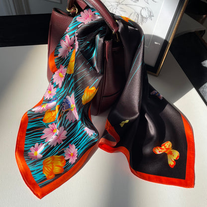 100% Pure Mulberry Silk 26” Scarf - Large Multicolour Headscarf/ Bandana/Hair Scarf - Elegant Square Silk Scarf Gift for Her/Mom -The Flowers