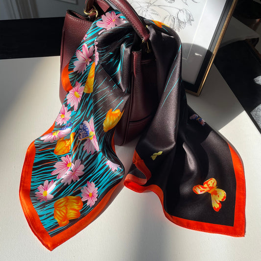 100% Pure Mulberry Silk 26” Scarf - Large Multicolour Headscarf/ Bandana/Hair Scarf - Elegant Square Silk Scarf Gift for Her/Mom -The Flowers