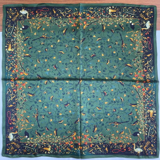 100% Pure Silk Multicolour Large Silk Scarf / Headscarf-The Green & Birds- 26”Silk Scarf / Headscarf