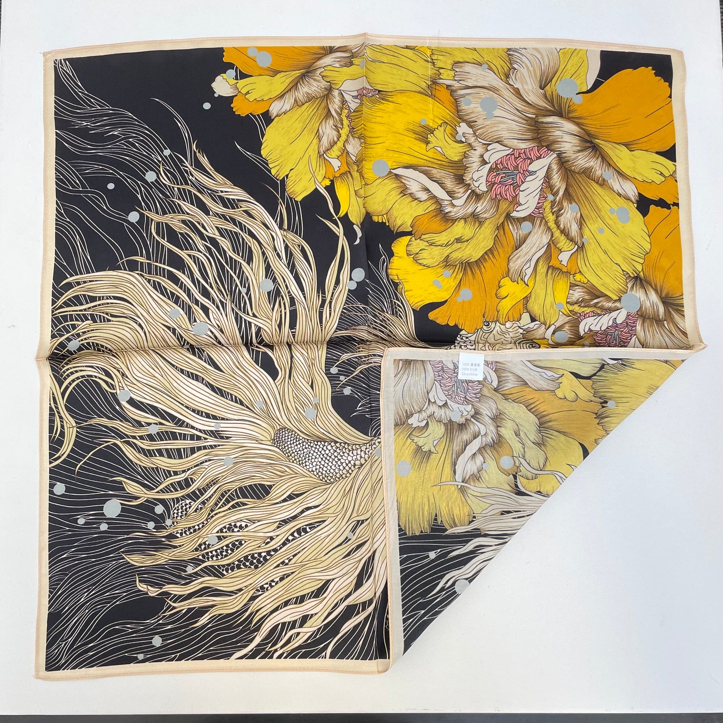 100% Pure Silk Multicolor 20" Silk Square Scarf -The Golden Fish