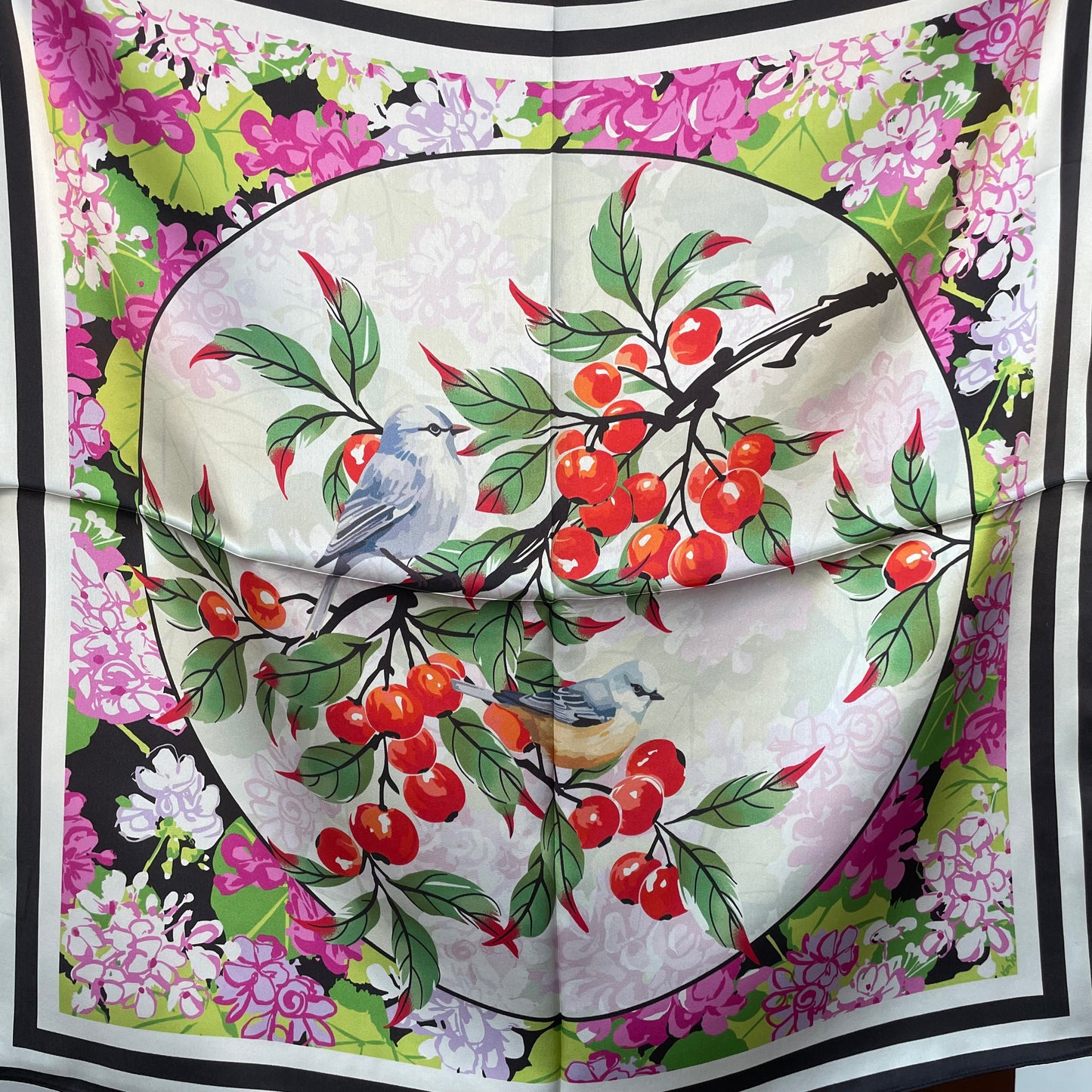 100% Pure Silk Multicolour Large Silk Scarf / Headscarf-The Pipits & Cherry- 26”Silk Scarf / Headscarf