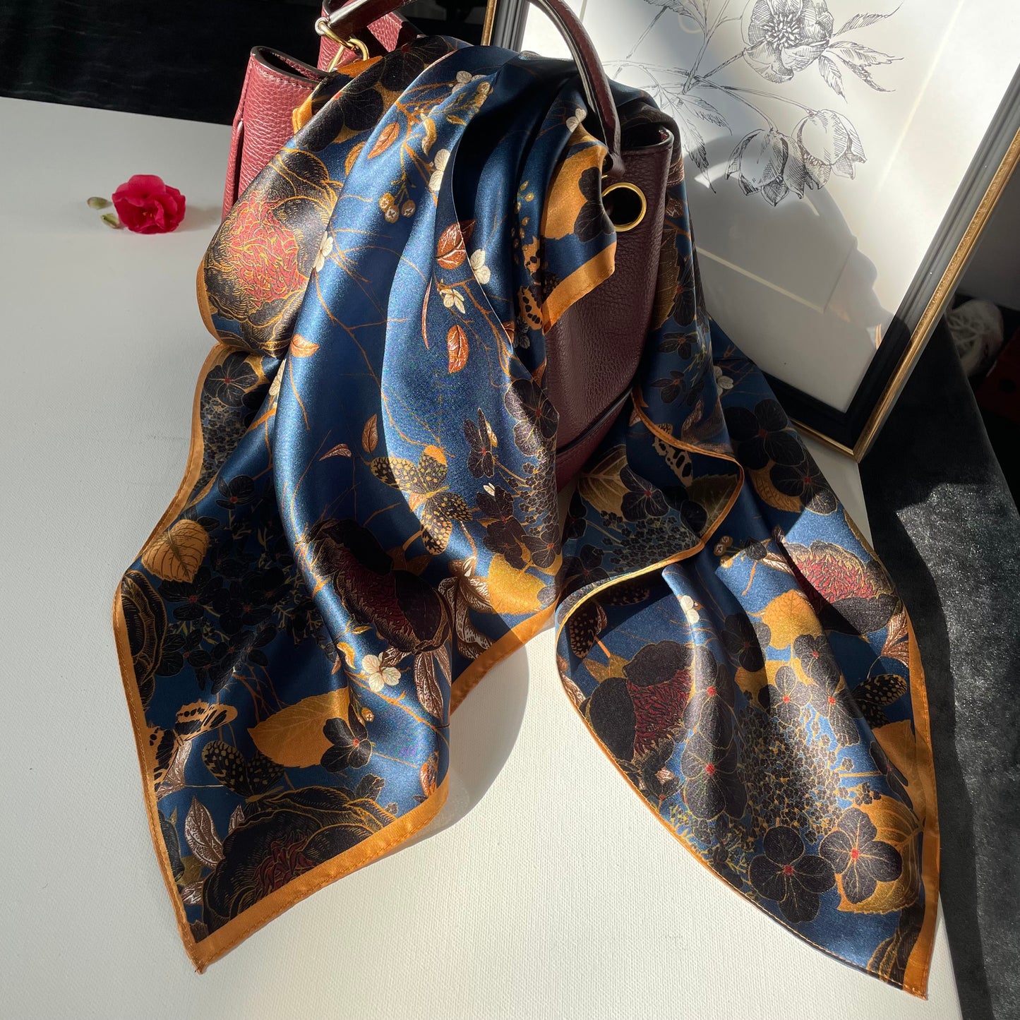 100% Pure Mulberry Silk 26” Scarf - Large Multicolour Headscarf/ Bandana/Hair Scarf - Elegant Square Silk Scarf Gift for Her/Mom -The Garden
