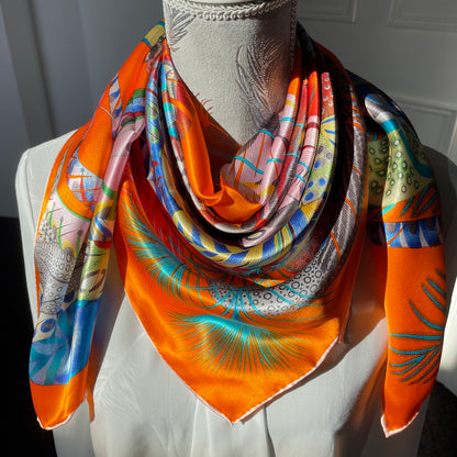 Exquisite! 100% Pure Mulberry Silk Multicolour Pure Handmade 35” Large Silk Scarf - The Feathers
