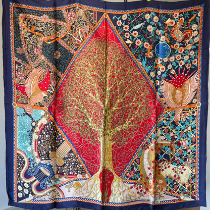 100% Pure Mulberry Silk Multicolour Handmade Large Silk Scarf 43"- The Life Tree
