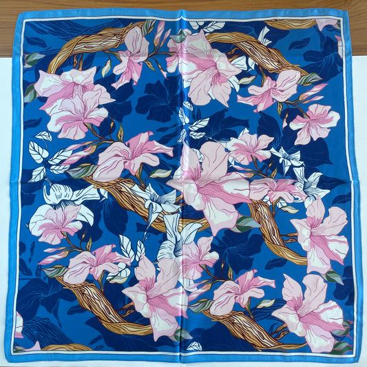100% Pure Silk Multicolour Large Silk Scarf / Headscarf-The Blue Flowers - 26”Silk Scarf / Headscarf