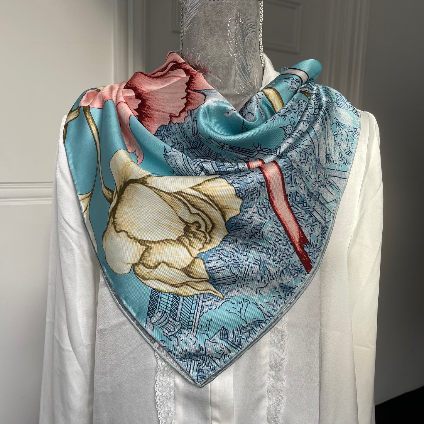 100% Pure Mulberry Silk Extra Large HandRolled Silk Scarf 35"- The Peony Flowers