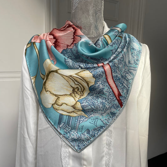 100% Pure Mulberry Silk Extra Large HandRolled Silk Scarf 35"- The Peony Flowers