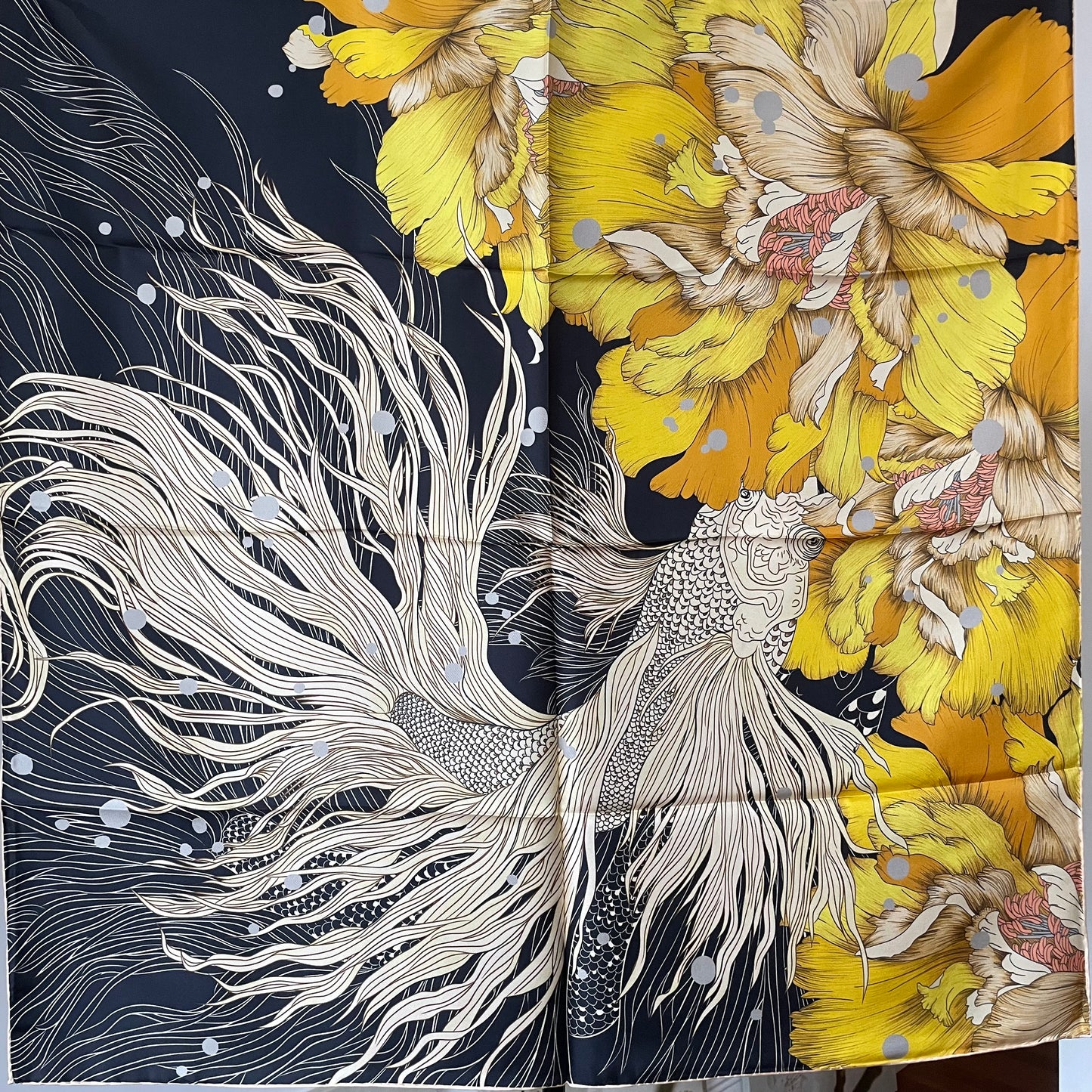 100% Pure Mulberry Silk Extra Large Hand Rolled Silk Scarf 35"- The Golden Fish