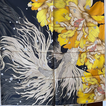 100% Pure Mulberry Silk Extra Large Hand Rolled Silk Scarf 35"- The Golden Fish