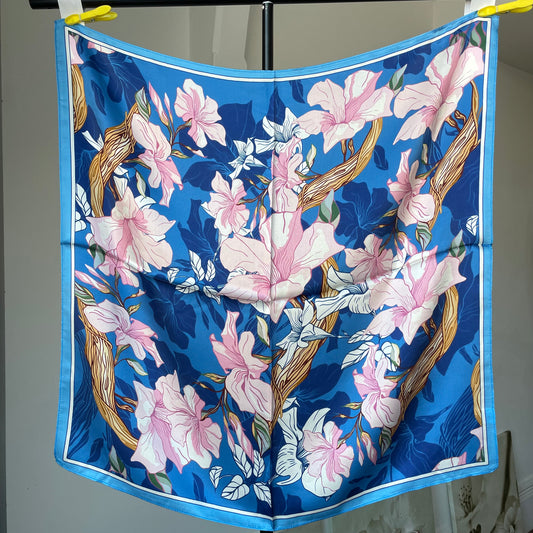 100% Pure Silk Multicolour Large Silk Scarf / Headscarf-The Blue Flowers - 26”Silk Scarf / Headscarf