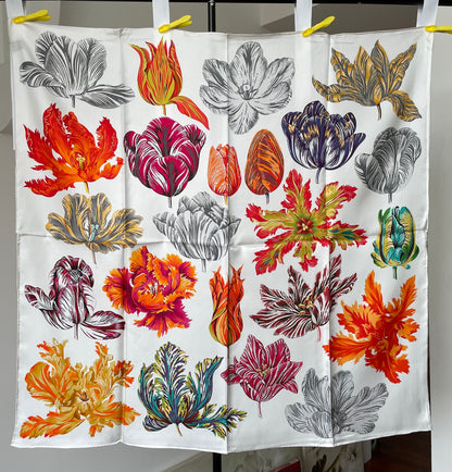 100% Pure Mulberry Silk Extra Large Hand Rolled Silk Scarf 35"- The Tulips