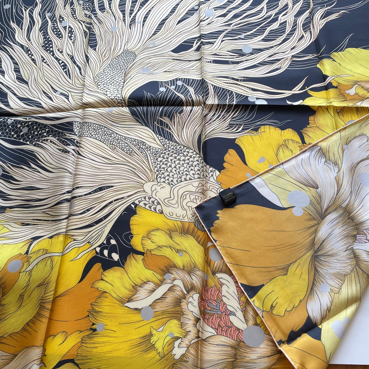 100% Pure Mulberry Silk Extra Large Hand Rolled Silk Scarf 35"- The Golden Fish
