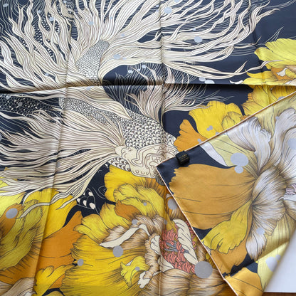 100% Pure Mulberry Silk Extra Large Hand Rolled Silk Scarf 35"- The Golden Fish